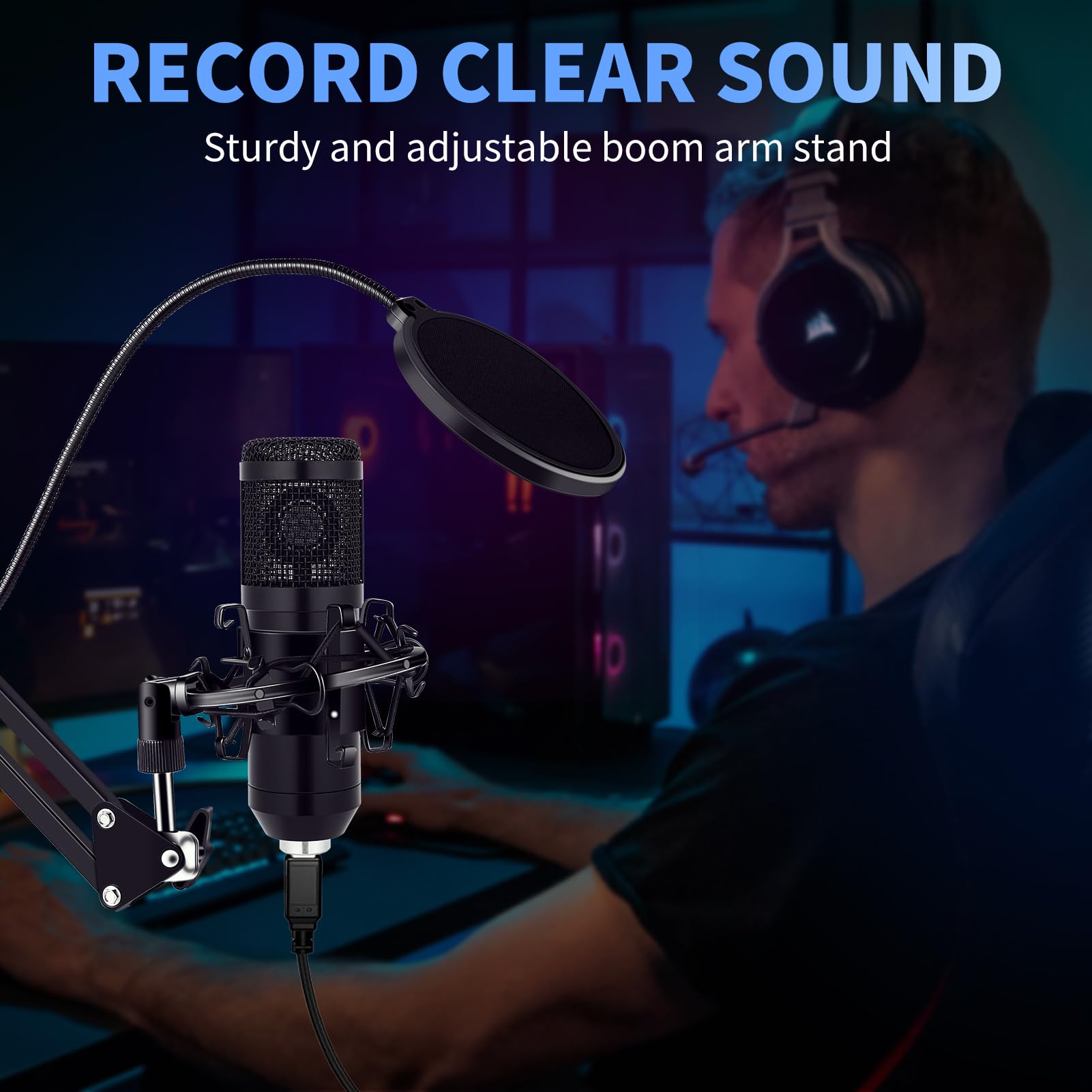 USB Condenser Microphone,Computer PC Microphone Kit with Adjustable Boom Arm Stand Shock Mount for YouTube Vocal Gaming Streamin